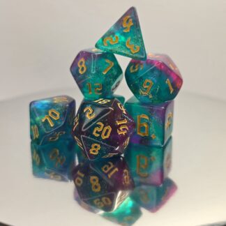 Teal Purple Galaxy Glitter Dice Set with Calligraphic Gold Numbers