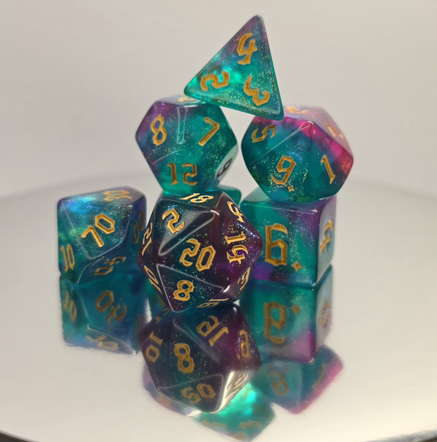 Teal Purple Galaxy Glitter Dice Set with Calligraphic Gold Numbers