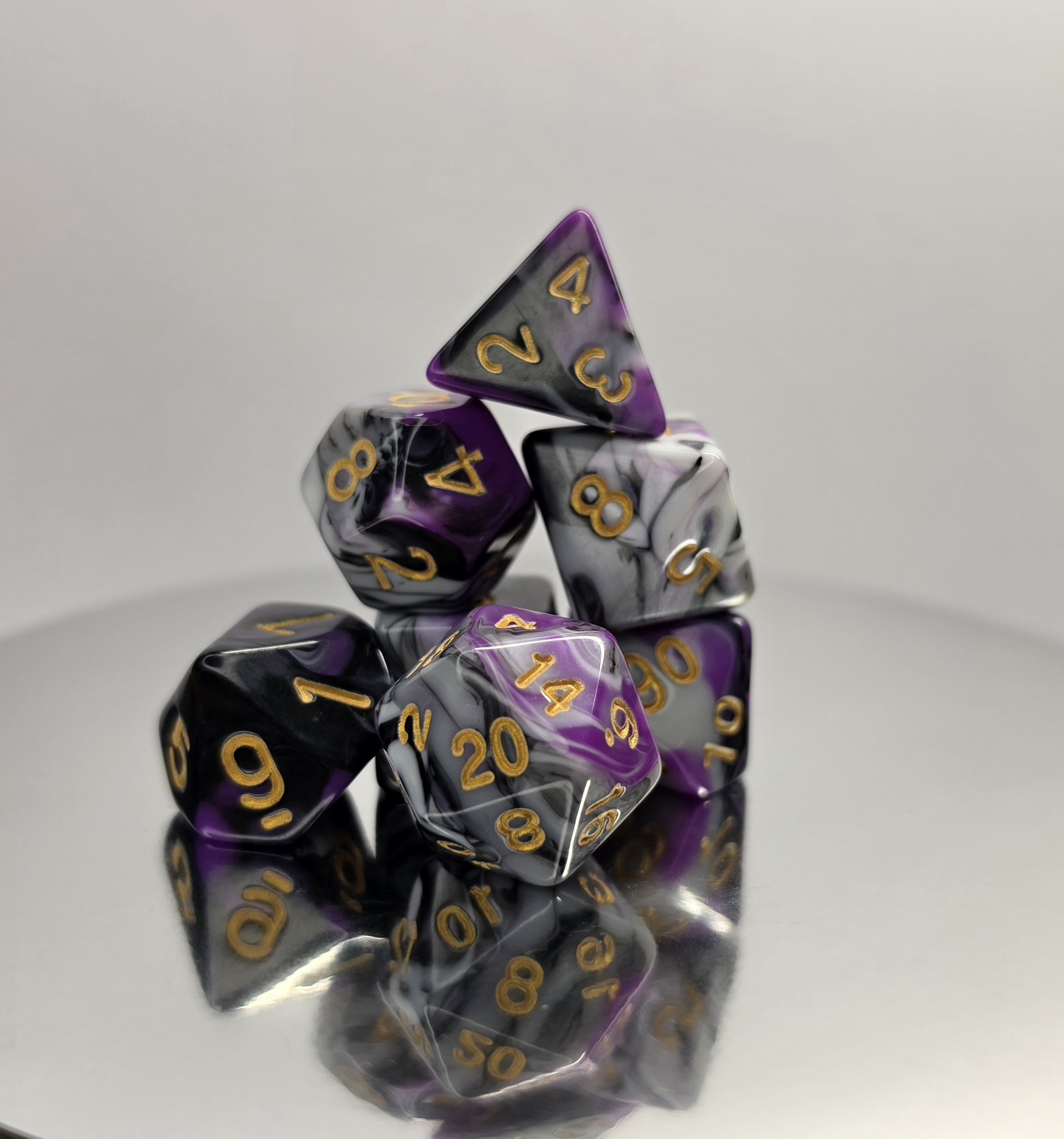 Black Purple Marble Dice Set with Gold Numbers