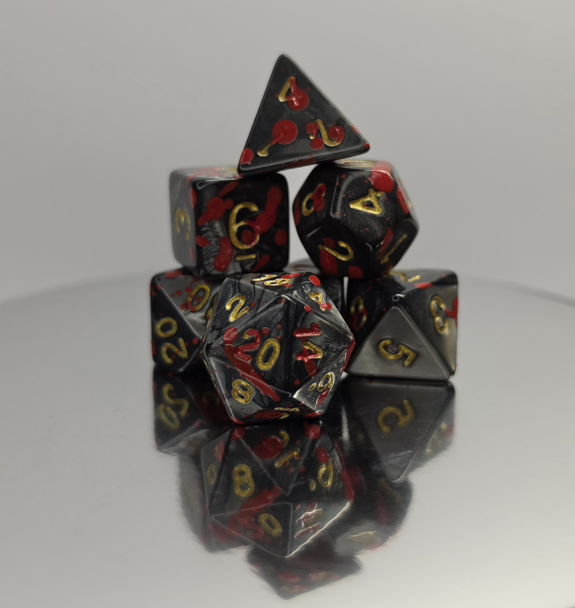 Blood Splatter Black Dice Set with Gold Numbers