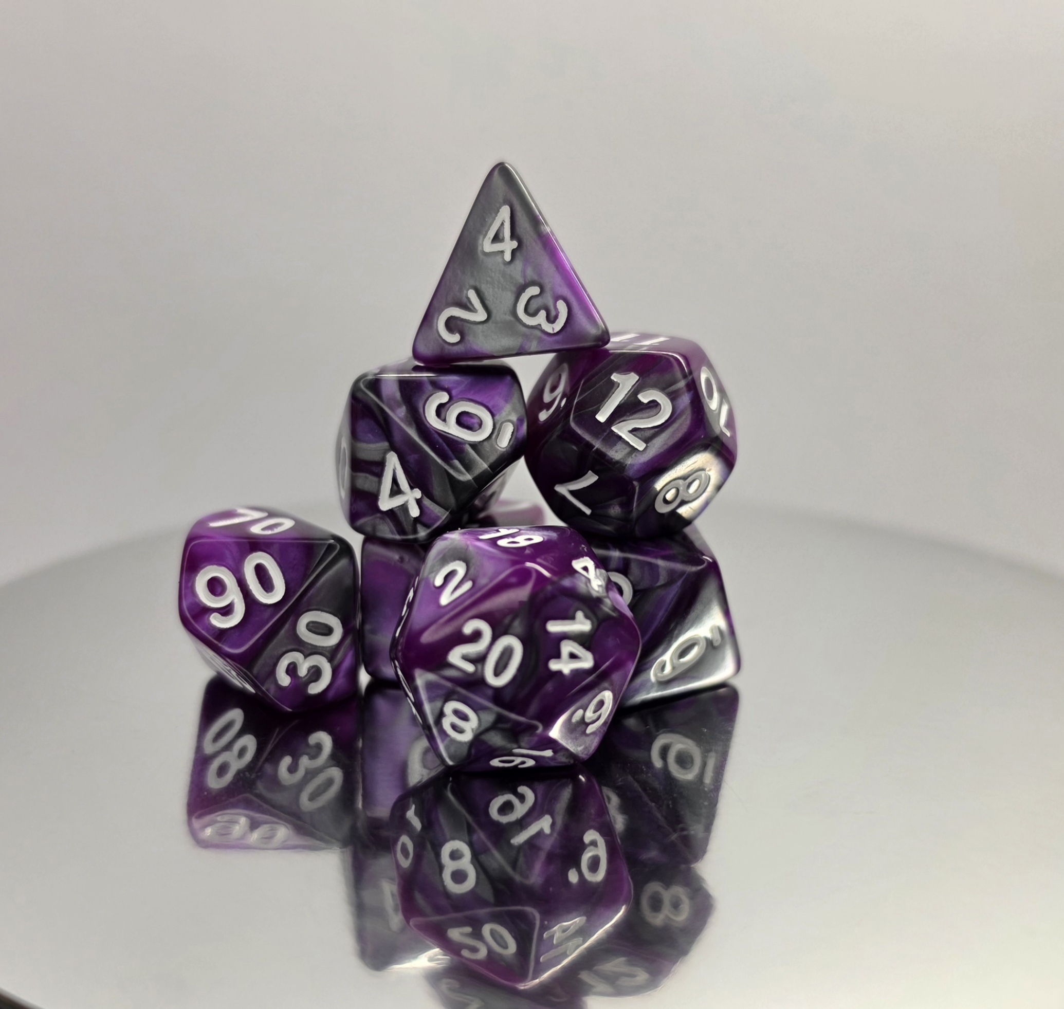 Purple Black Swirl Dice Set with White Numbers