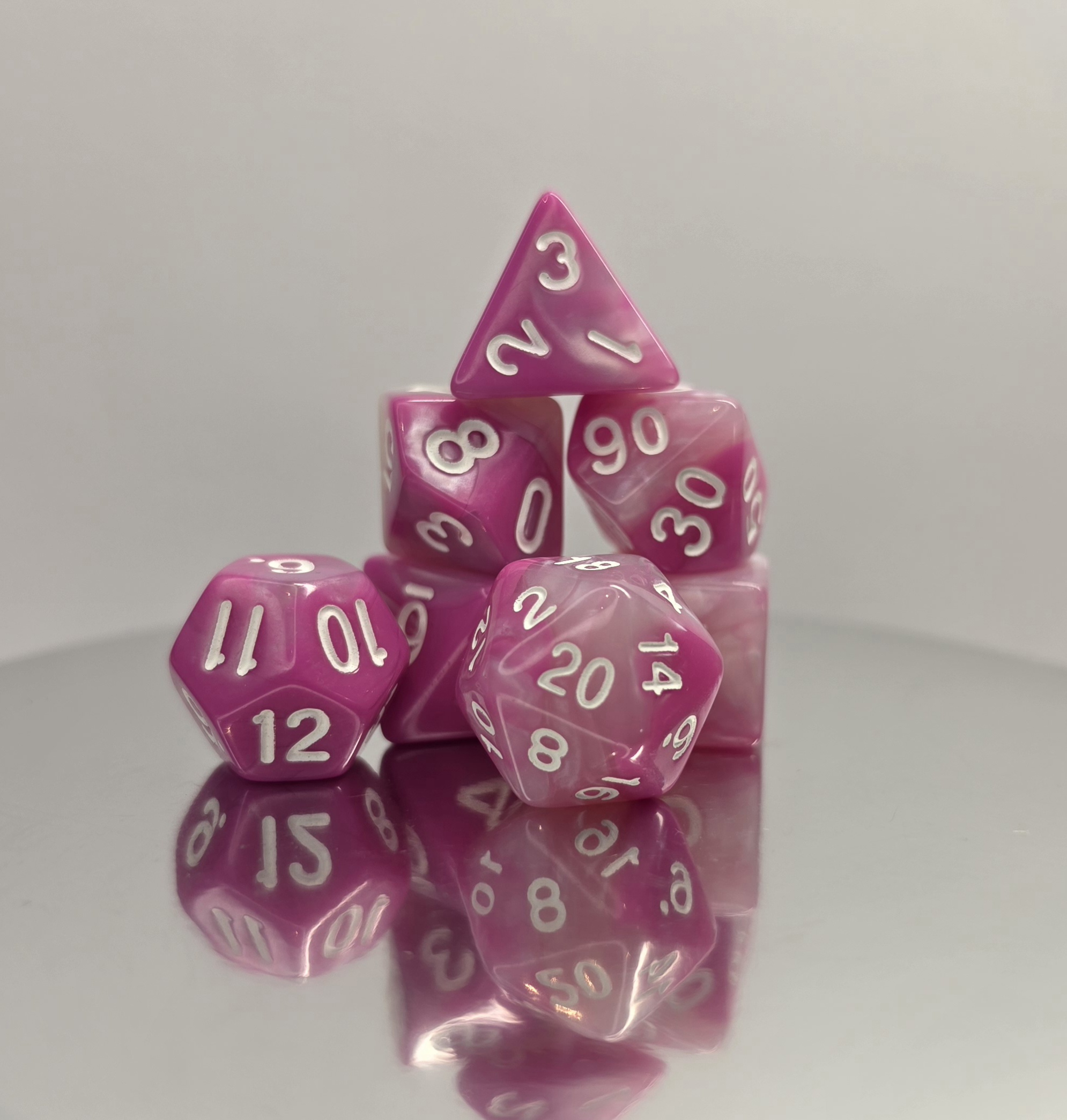 Vibrant Pink Purple Translucent Dice Set with White Numbers
