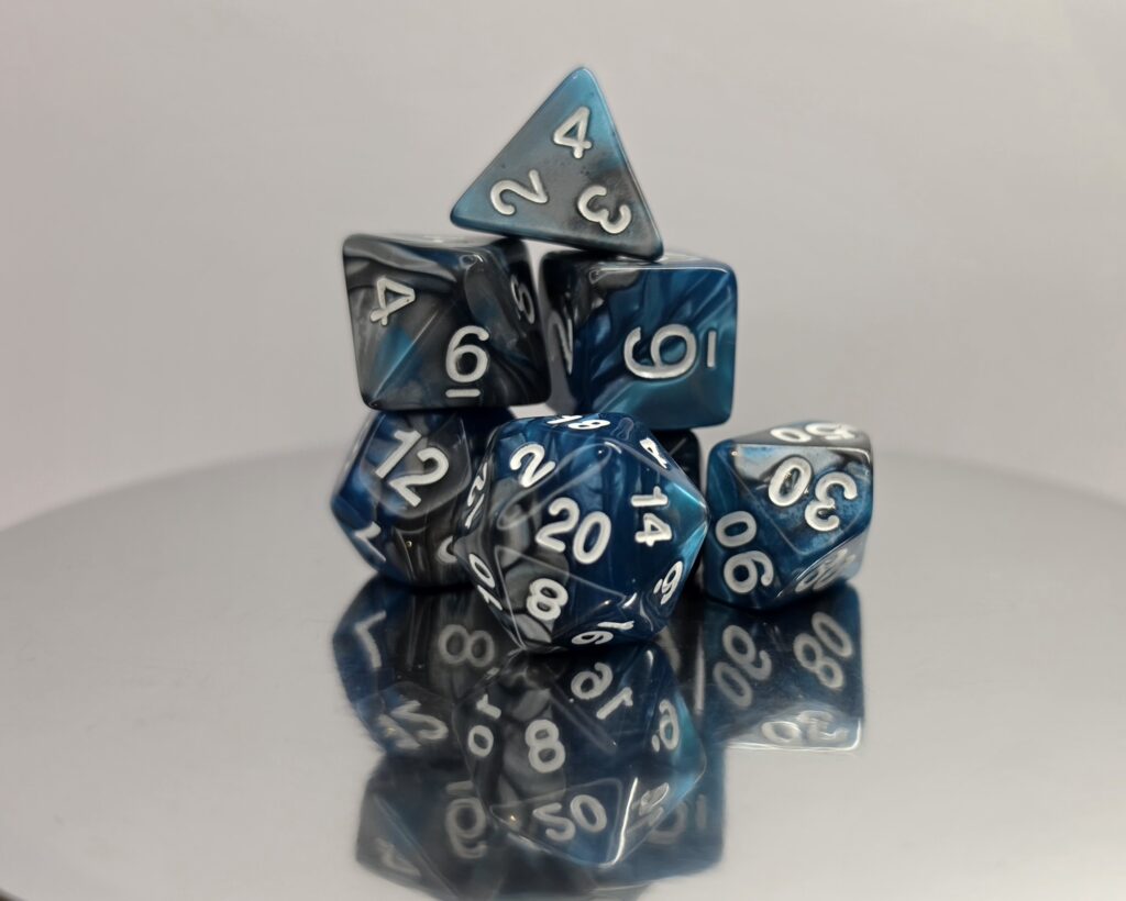 Silver Blue Marble Dice Set with White Numbers