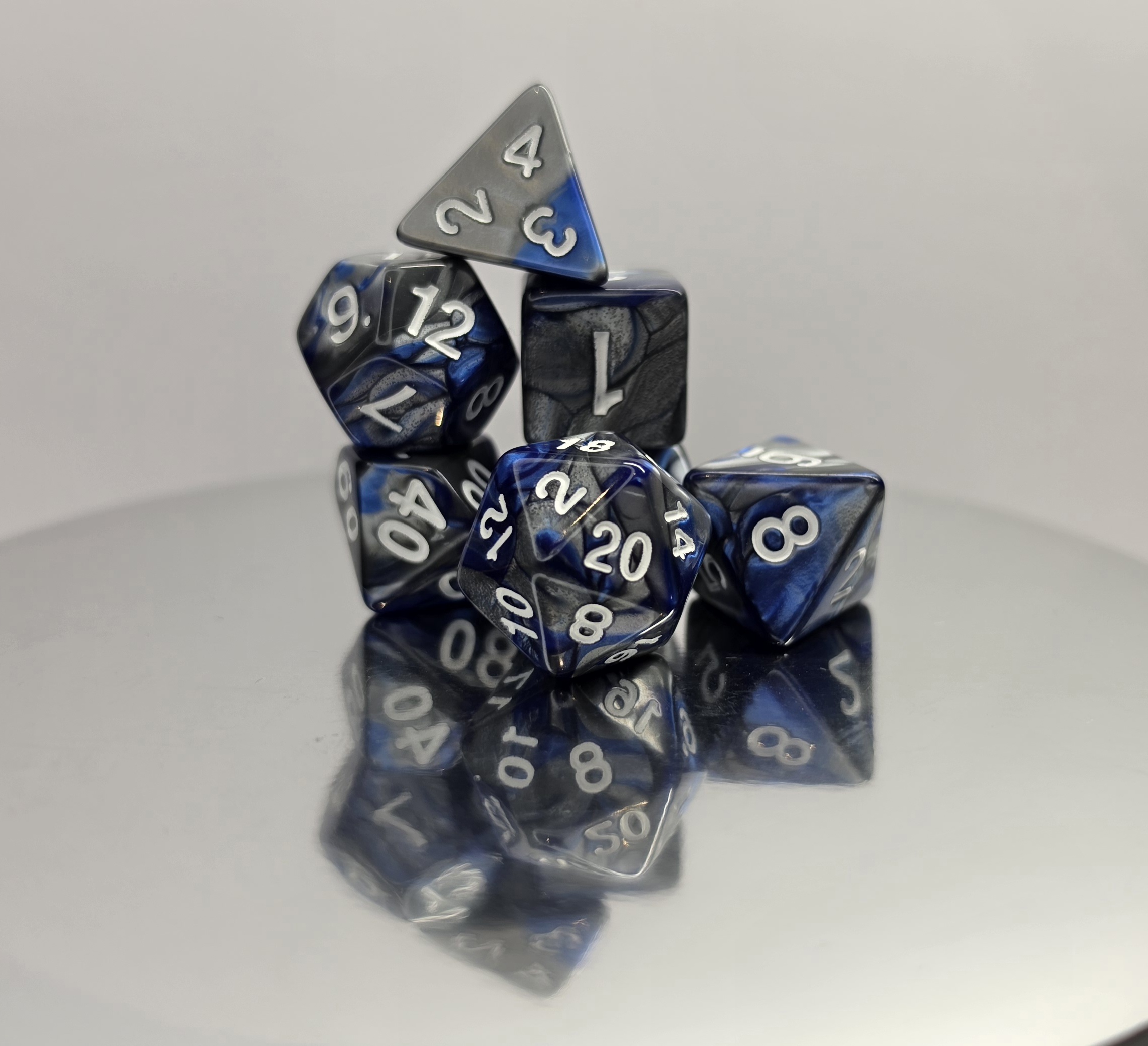 Dark Blue Silver Marble Dice Set with White Numbers