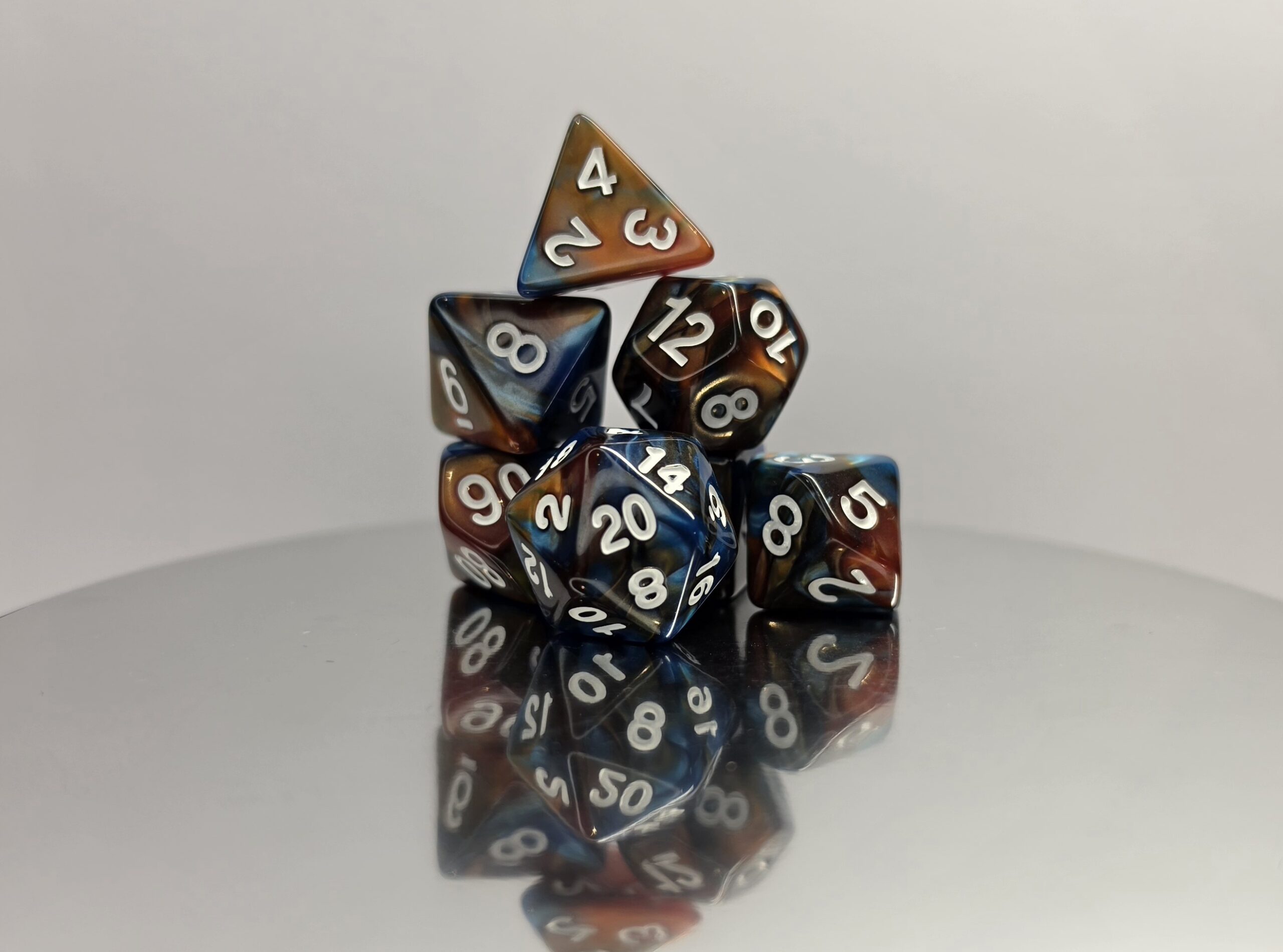 Gold Blue Marble Dice Set with White Numbers