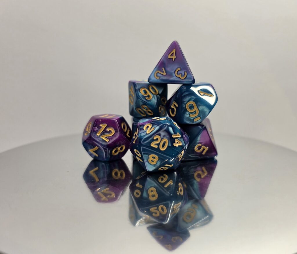 Purple Light Blue Marble Dice Set with Gold Numbers