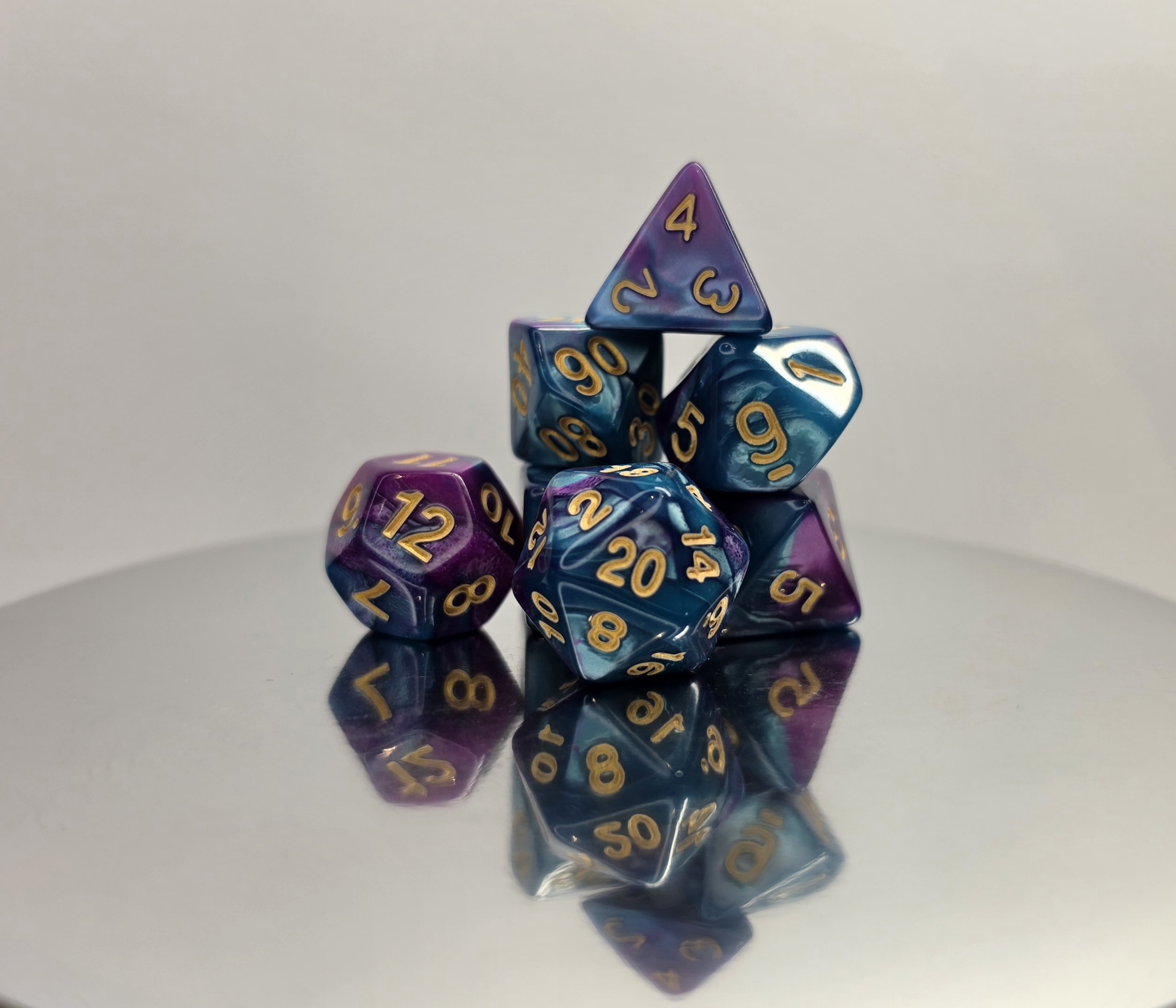 Purple Light Blue Marble Dice Set with Gold Numbers