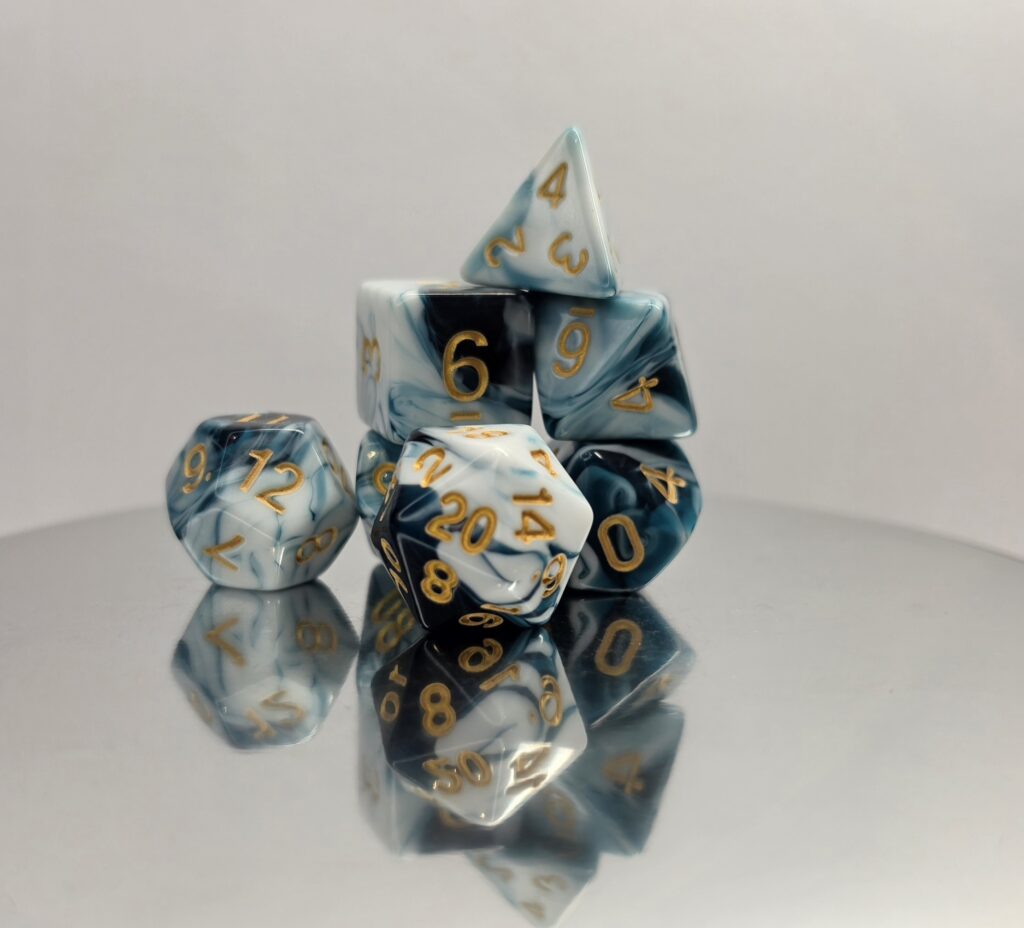 Ocean Blue White Marble Dice Set with Gold Numbers