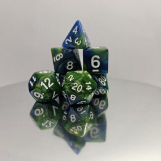 Green Blue Marble Dice Set with White Embossed Numbers