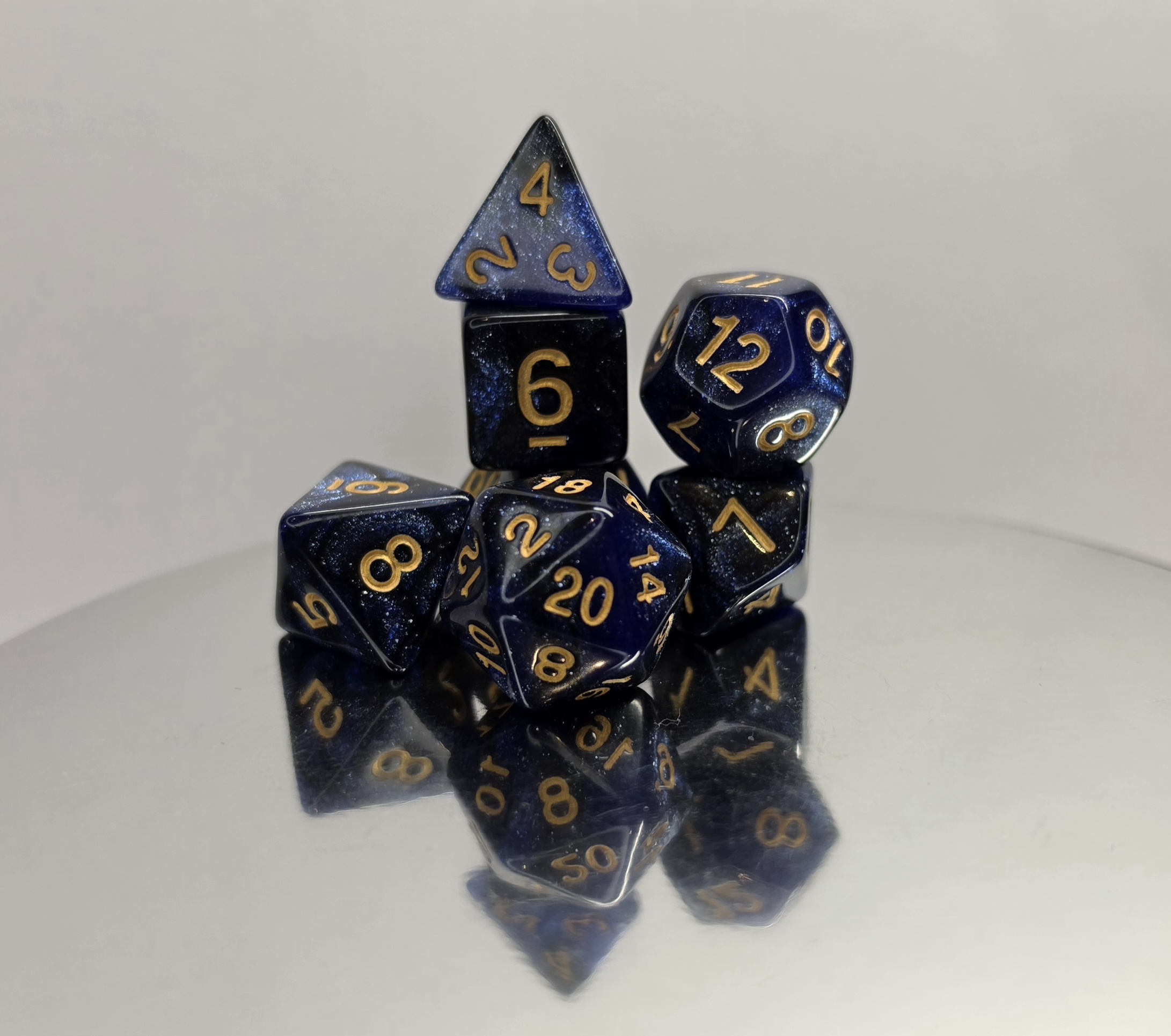 Blue Glitter Dice Set with Gold Embossed Numbers