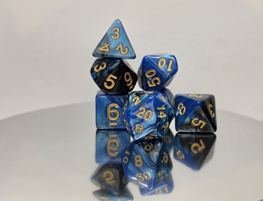 Blue Marble Swirl Dice Set with Gold Embossed Numbers