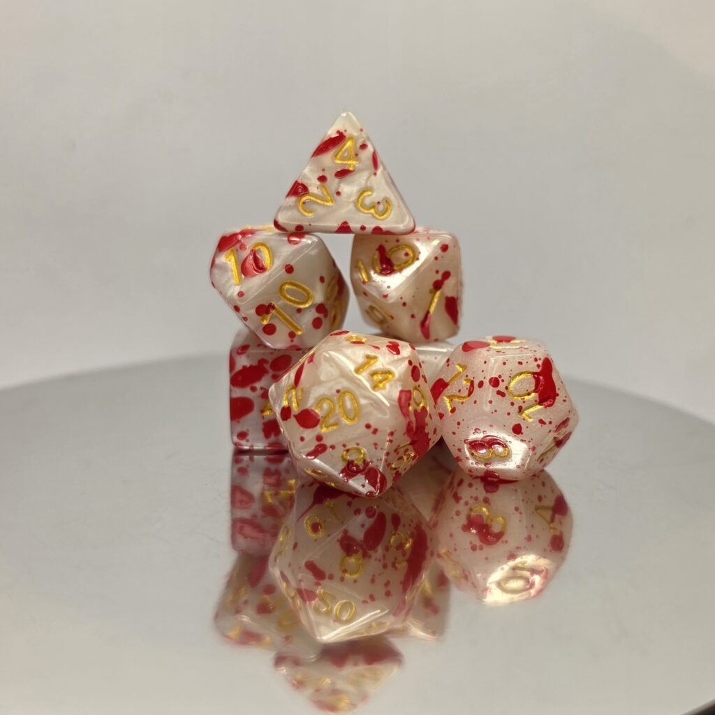 Blood Splatter Pearl Dice Set with Gold Embossed Numbers