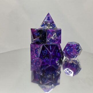 Amethyst Galaxy Glitter Dice Set with Blue Embossed Numbers