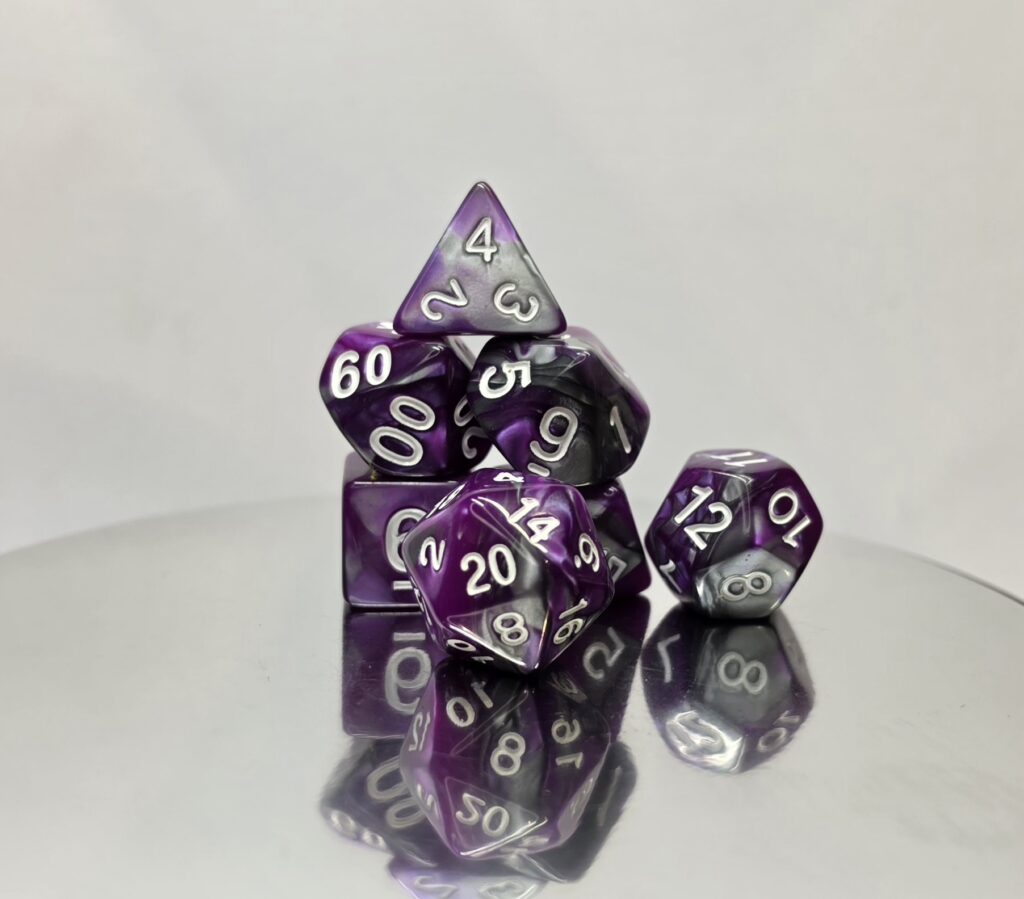 Amethyst Smoke Marble Dice Set with White Embossed Numbers